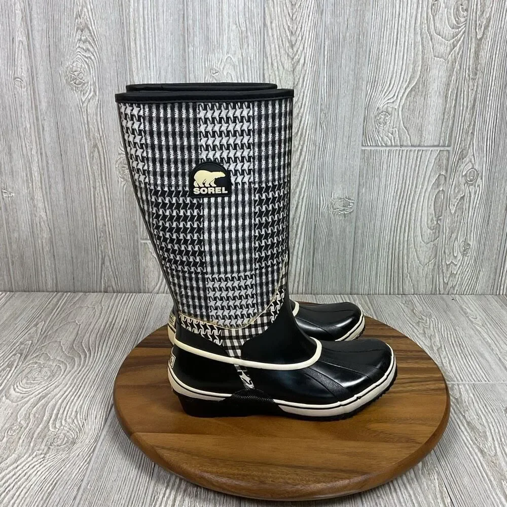 Sorel Tremblant Rain Boots Womens 10 Houndstooth Plaid Black NL1622
